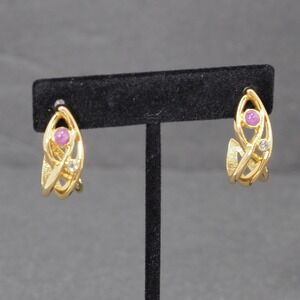 Avon Pierced Half Hoop Earrings Gold Tone Cabochon Rhinestone Swirl Abstract VTG